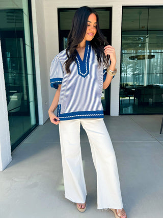 Coastal Classic Navy Puff Sleeve Top - Instyle Boutique