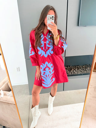 Red Embroidered Ruffle Neck Mini Dress - Instyle Boutique