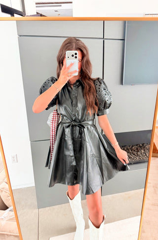 Black Faux Leather Floral Lace Sleeve Mini Dress - Instyle Boutique