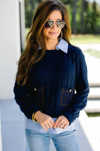 Navy Denim Patch Pocket Layered Sweater - Instyle Boutique