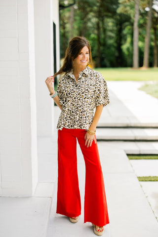 Leopard Print Peplum Button-Down Blouse - Instyle Boutique