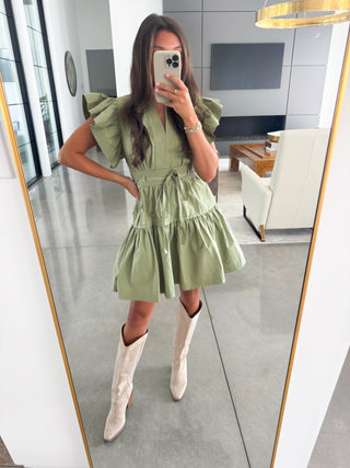 Flirty Flutter Sleeve Olive Dress
