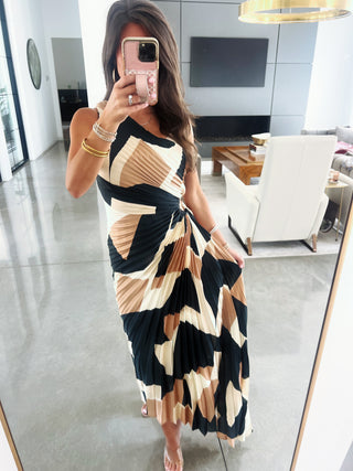 All Dressed Up Pleated Taupe Dress