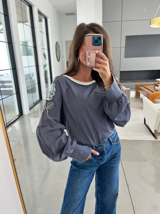 Cherish The Moments Charcoal Embroidered Top
