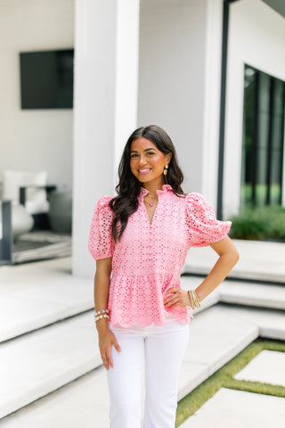 Sweet Frill Eyelet Top - Pink - Instyle Boutique