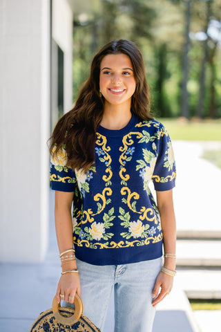 Navy Floral Short Sleeve Sweater Top - Instyle Boutique