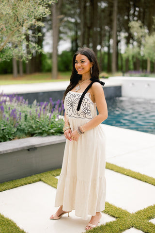 Oatmeal Bloom Tie - Strap Midi Dress - Instyle Boutique