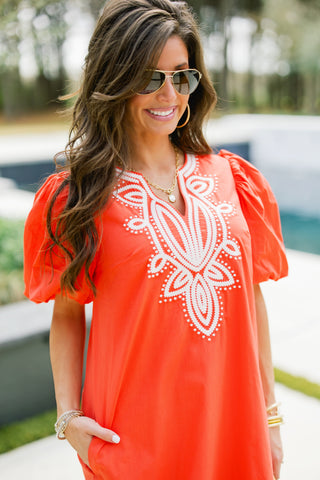 Coral Crush Embroidered Shift Dress