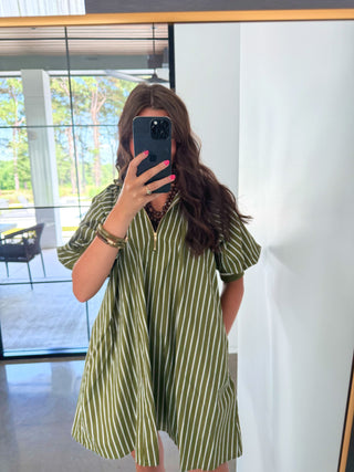 Sage Striped Zipper Dress