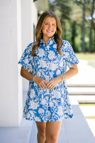 French Blue Floral Button - Down Shirt Dress - Instyle Boutique