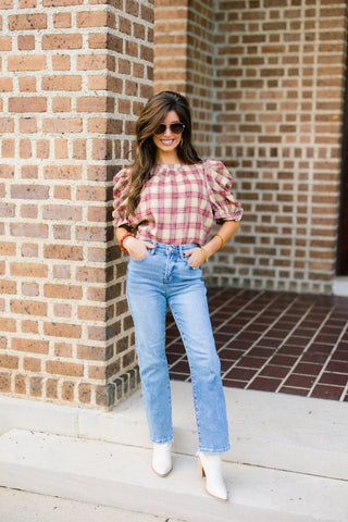 Berry Ruched Sleeve Plaid Top - Instyle Boutique