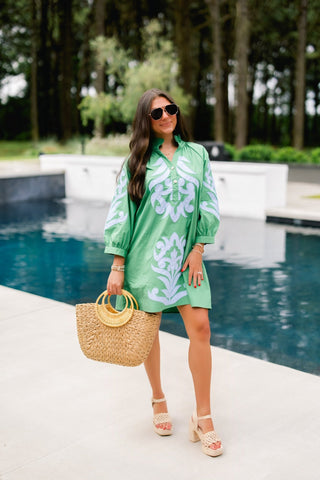 Green Damask Embroidered Ruffle Neck Mini Dress - Instyle Boutique