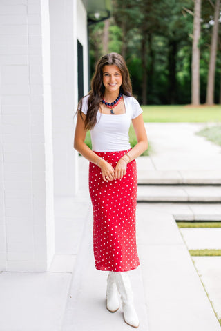Red Velvet Dot Satin Maxi Skirt - Instyle Boutique