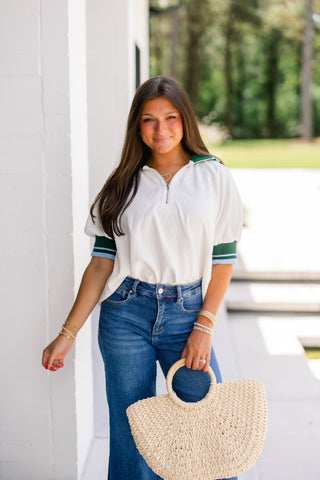 White Varsity Stripe Half - Zip Woven Top - Instyle Boutique