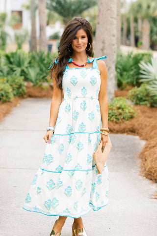 Mint Green Botanical Print Tiered Midi Dress