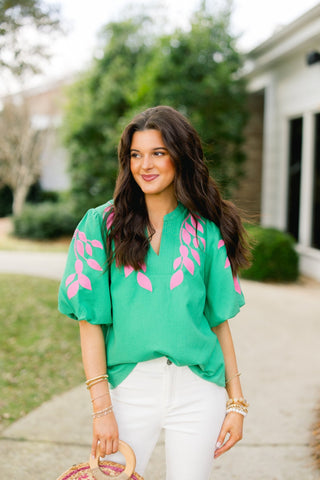 Emerald & Pink Bubble Sleeve Embroidered Blouse - Instyle Boutique