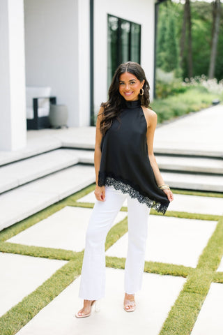 Black Satin Halter Top with Lace Hem - Instyle Boutique