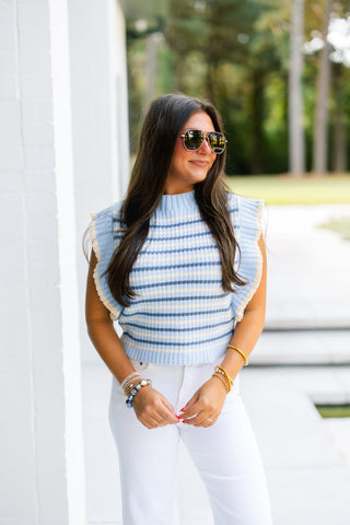 Blue Stripe Ruffle Sleeve Sweater Top - Instyle Boutique