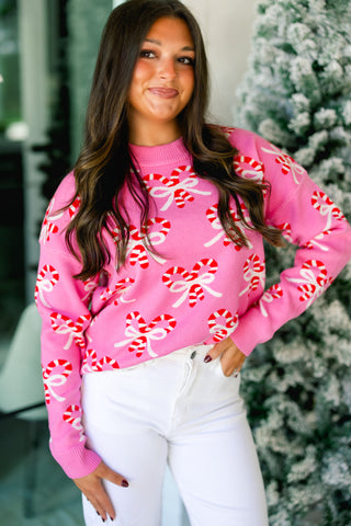 Candy Cane Pink Bow Sweater