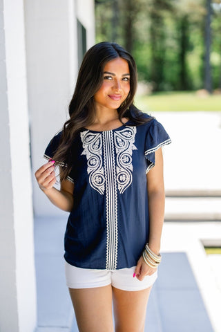 Midnight Mirage Navy Embroidered Top - Instyle Boutique