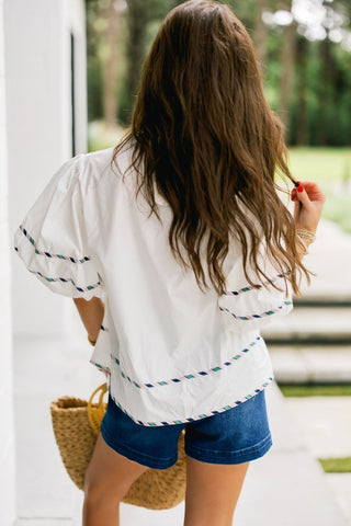 White Embroidered Trim Puff Sleeve Top - Instyle Boutique