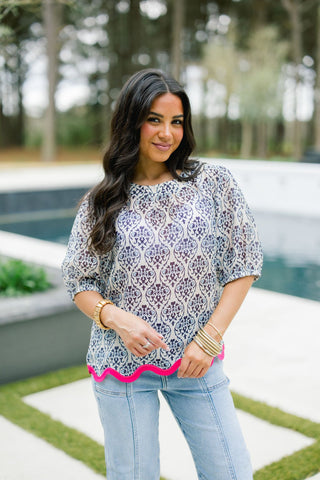 Damask Scallop Hem Blouse - Instyle Boutique
