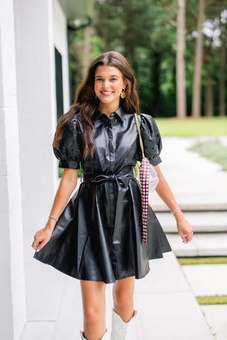 Black Faux Leather Floral Lace Sleeve Mini Dress - Instyle Boutique