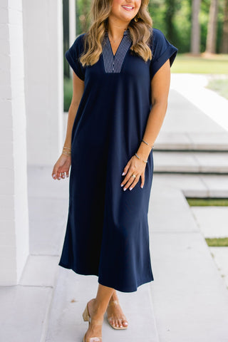 Navy Days Striped Collar Midi Dress - Instyle Boutique