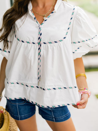White Embroidered Trim Puff Sleeve Top - Instyle Boutique
