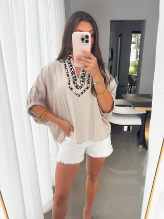 Daring Diva Taupe Leopard Top