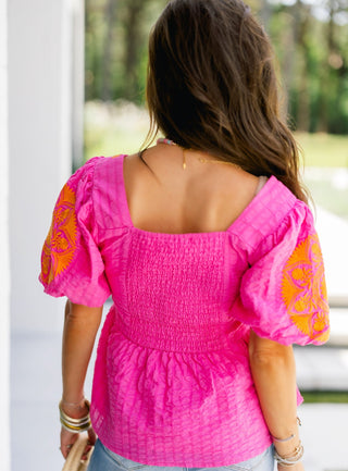 Fiesta Pink Embroidered Peplum Top - Instyle Boutique