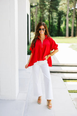Zip It Up Satin Puff Sleeve Top-Red