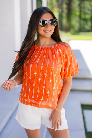 Tangerine Dream Embroidered Puff Sleeve Top - Instyle Boutique