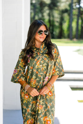 Garden Society Olive Floral Midi Dress - Instyle Boutique