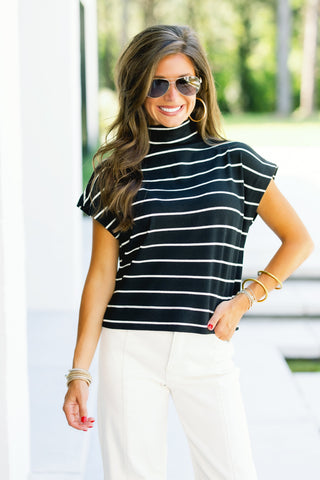 Millie Mock Neck Striped Top-Black