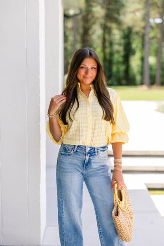 Butter Yellow Textured Puff Sleeve Button - Down Top - Instyle Boutique