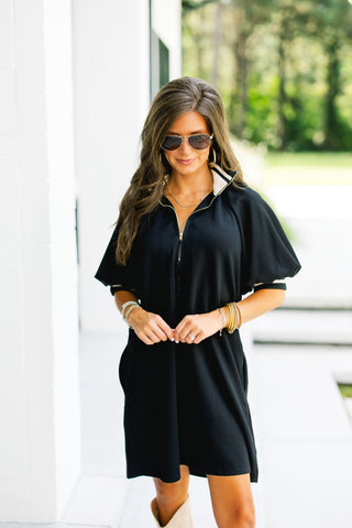 Black Polo Collar Puff Sleeve Mini Dress