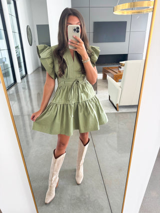 Flirty Flutter Sleeve Olive Dress