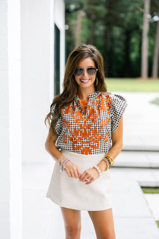 Harvest Check Orange Embroidered Top - Instyle Boutique