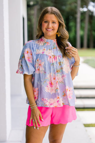 Periwinkle Floral Eyelet Puff Sleeve Top - Instyle Boutique
