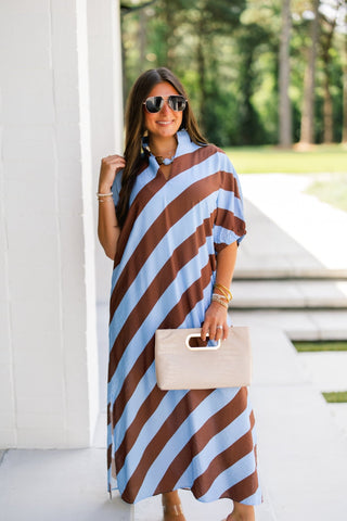 Baby Blue and Brown Striped Dress - Instyle Boutique