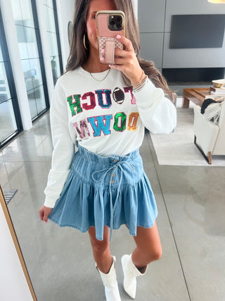 Touchdown Sequin Sweatshirt- White