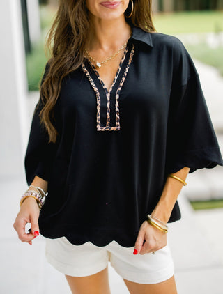 Wild Edge – Scallop Trim Collared Top - Instyle Boutique
