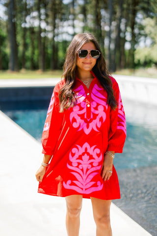 Red Damask Embroidered Ruffle Neck Mini Dress - Instyle Boutique
