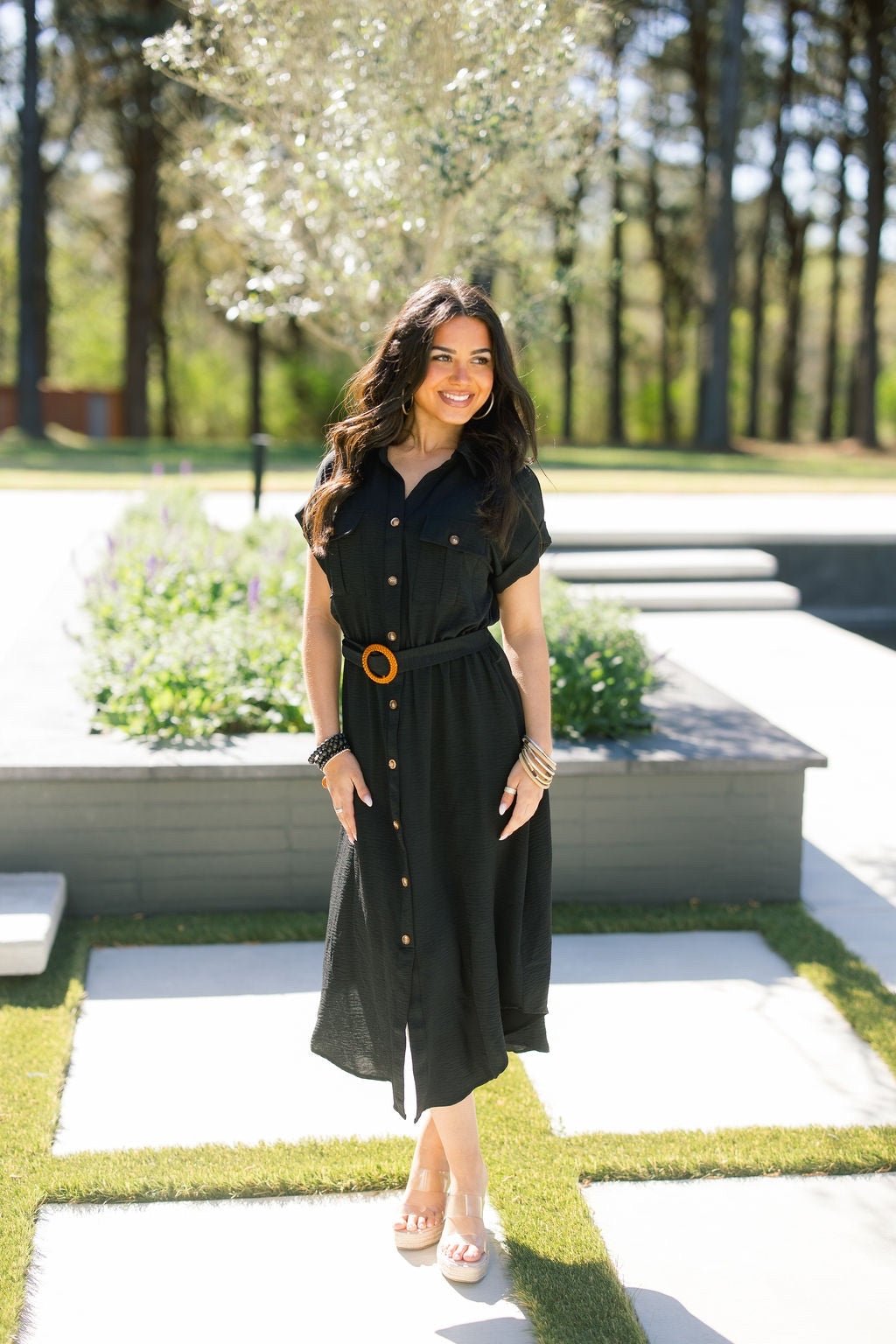 Belted Utility Shirt Dress Black