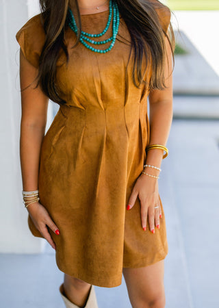 Can We Dance Camel Pleated Suede Dress - Instyle Boutique