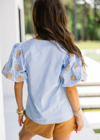Sky Blue Floral Embroidered Puff Sleeve Top - Instyle Boutique