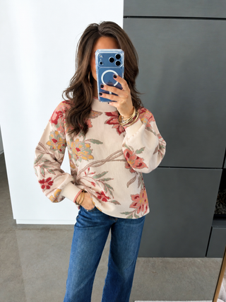 Petal Pretty Beige Floral Mock Neck Sweater Top