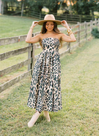 Strapless leopard midi dress and taupe booties