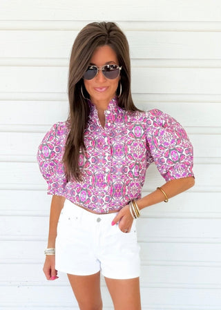 Kaleidoscope Bloom Puff - Sleeve Top - Instyle Boutique